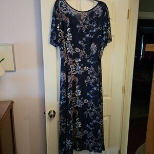 Floral Navy Blue Maxi Dress XXL W/Spaghetti Straps & Sheer Overlay Design